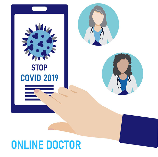 Online konzultáció orvos koncepció. Hagyd abba a COVID-2019-et. Sablon honlap, kezdőlap. Lapos vektor illusztráció.Online konzultáció az orvosokkal telefonon a koronavírusról. - Vektor, kép