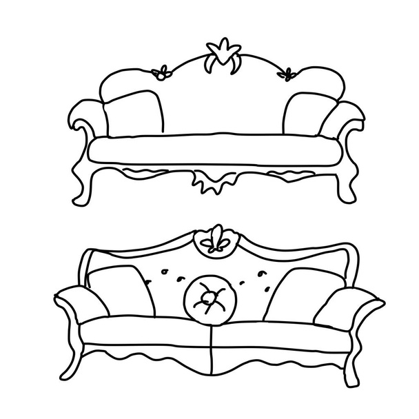 Dos sofás antiguos. Dibujo al estilo Doodle. aislado sobre un fondo blanco. Para el diseño, la decoración, la tela, los símbolos del contorno de los muebles coloring.Furniture. - Vector, Imagen