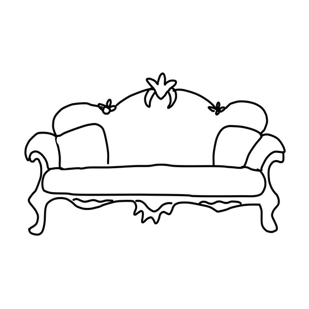 Egyágyas antik kanapé. Rajzolok firka stílusban. Elszigetelve, fehér háttérrel. Vektor illusztráció sorban. Kényelmes és stílusos nappali. Tervezéshez, dekorációhoz, hálóhoz, színezéshez. - Vektor, kép