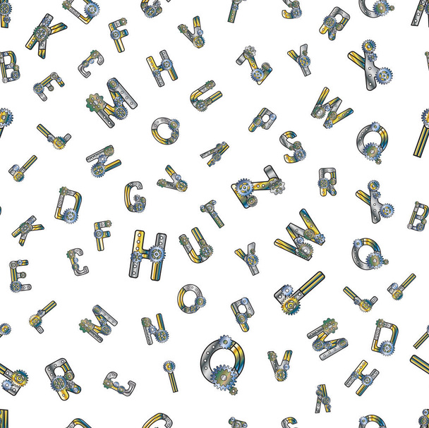 Muster mechanischer Buchstaben mit in chaotischer Reihenfolge angeordneten Zahnrädern. Großbuchstaben. Vektorillustration im Steampunk-Stil. Für Kartengestaltung und Dekoration. - Vektor, Bild