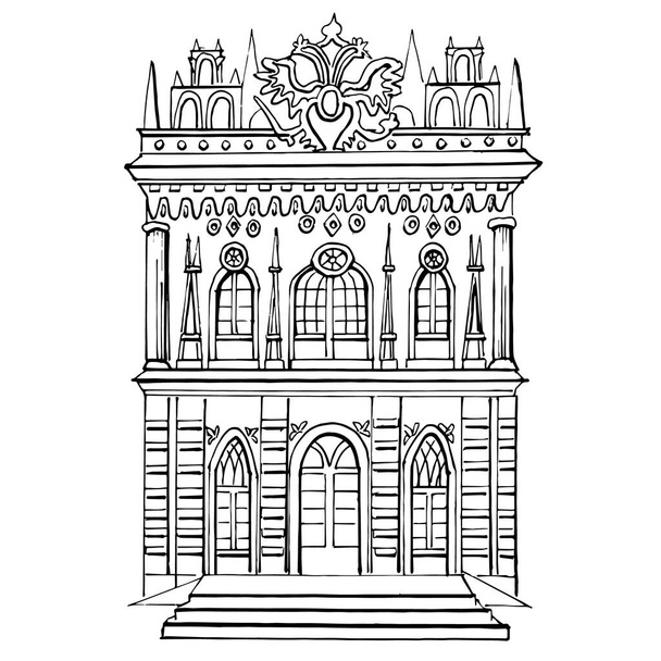 Architecture Of Russia. Moscow neo-Gothic. Tsaritsyno Palace and Park ensemble. Vector drawing in sketch style isolated on a white background. For art history books, coloring pages for children. - Vector, Image