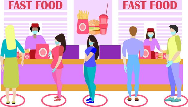 Interior of a fast food restaurant. Queue at the checkout. oncept of safe customer service. Social distance in the queue.Vector illustration in flat style.Characters are African American and European  - Vector, Image