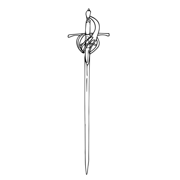 Один антикварный меч с фигурной рукояткой. Очертания меча выделены на белом фоне. Векторная иллюстрация в ручном стиле. Элемент дизайна или раскраски. - Вектор,изображение