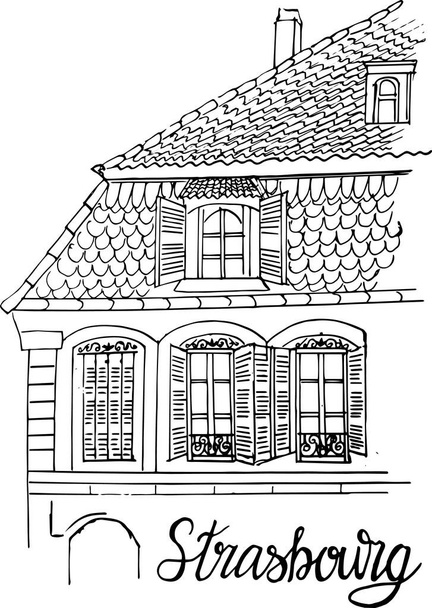 Europese architectuur. Het dak van een huis in de Franse stad Straatsburg. Een oud dak. Betegeld dak. Vector illustratie. Kleurboek voor kinderen en volwassenen. - Vector, afbeelding