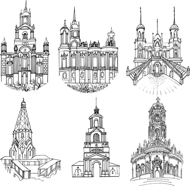 Joukko 6 vektori piirustukset Venäjän ortodoksinen kirkko. Vektori lineaarinen mustavalkoinen kuvituksia. Käsin piirretty Pääsiäinen. Kokoelma Venäjän arkkitehtuuria. Retro luonnos tyyli. Eristetty. - Vektori, kuva