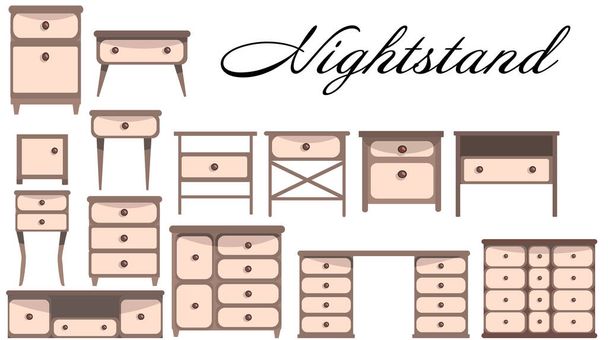 Set of cute elegant bedside tables, dressers,  and bureau.  Collection of modern furniture for the bedroom, office, living room. Vector illustration in flat style.  Isolated on a white background. - Vector, Image