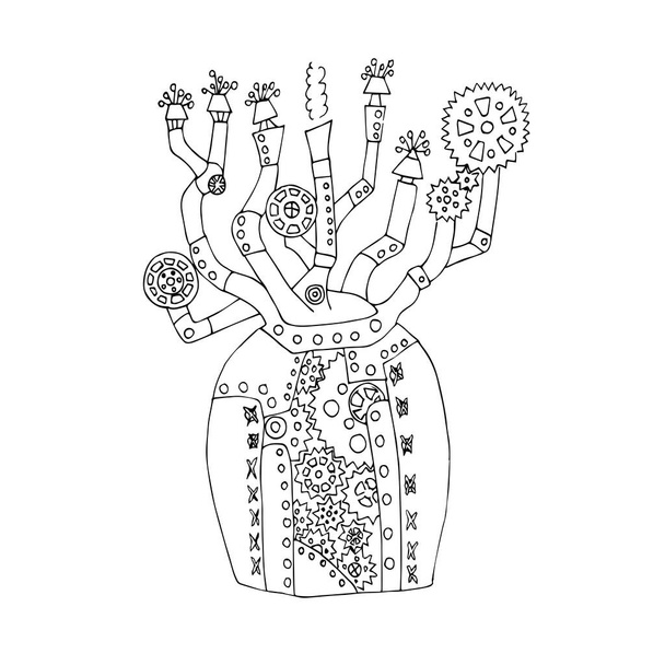 Concepto de un árbol en un estilo steampunk con hojas de engranaje.Libro para colorear para adultos y niños ilustración vectorial. para colorear anti-estrés. dibujo lineal de un baobab mecánico - Vector, Imagen