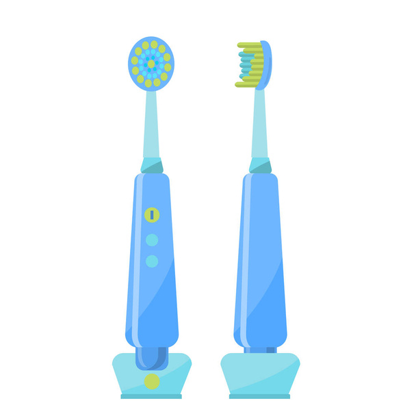Electric toothbrush view facade and profile isolated on a white background. Device for oral care. Equipment for dental health and beauty. Accessory in the bathroom. Vector illustration in flat style. - Vector, afbeelding