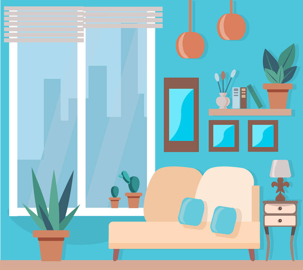 Άνετο σαλόνι με έπιπλα. Εσωτερικό με καναπέ, μεγάλο παράθυρο, κομοδίνο, λάμπα, ράφι με βιβλία και φυτά εσωτερικού χώρου. Χαριτωμένο δωμάτιο σε μπλε τόνους. Εικόνα διανύσματος επίπεδου στυλ. - Διάνυσμα, εικόνα