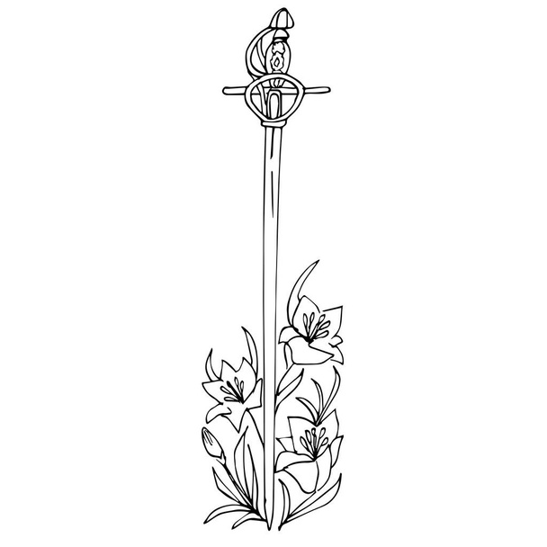 Vector drawing of an old sword with a figured handle. The outline drawing of a sword entwined with lilies is isolated on a white background.  hand-drawn style. For tattoo, logo, design, coloring. - Διάνυσμα, εικόνα