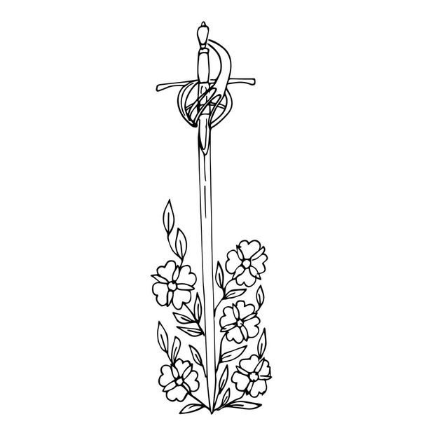 Segno vettoriale di una vecchia spada con un manico figurato. Il disegno di una spada intessuta in fiori è isolato su uno sfondo bianco. stile disegnato a mano. Per tatuaggio, logo, design, colorazione. - Vettoriali, immagini