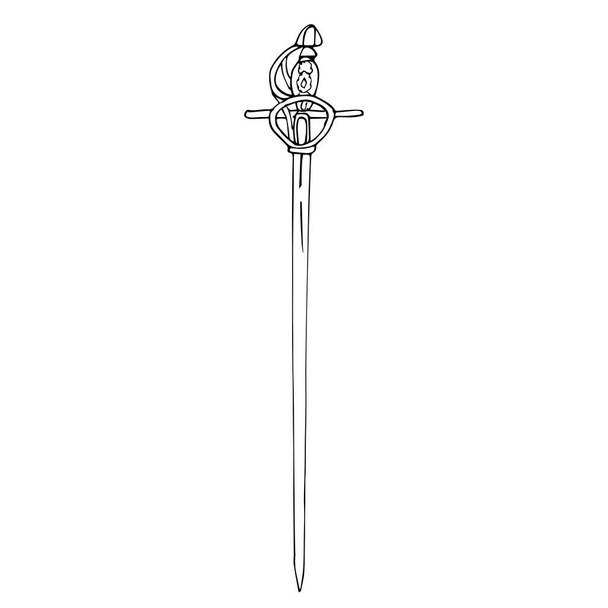 Una sola espada antigua con una empuñadura figurada. El dibujo del contorno de la espada está aislado sobre un fondo blanco. Ilustración vectorial en estilo dibujado a mano. Un elemento de diseño o para colorear. - Vector, Imagen