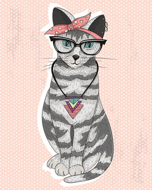 Cute hipster rockabilly cat with head scarf, glasses and necklac - Vector, Image