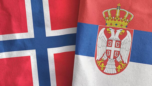 Srbsko a Norsko dvě vlajky textilní látky 3D vykreslování - Fotografie, Obrázek