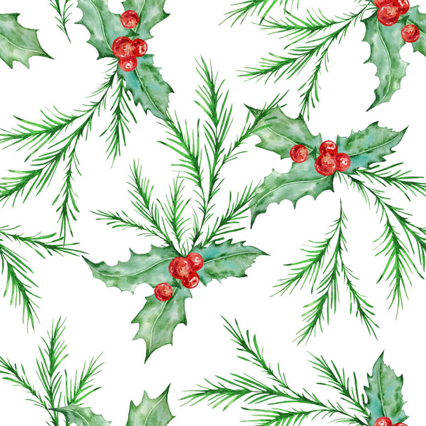 Watercolor pattern with green fir branches, holly berry berries and leaves. Hand painted isolated on white background. Winter background. Festive, christmas greenery nature ornament for design, fabric, print. - Photo, Image