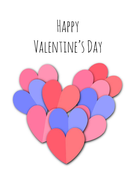 Happy valentines day greeting card template. Red pink blue heart paper shapes. Folded paper cutting hearts on white background. High quality photo. - Photo, Image
