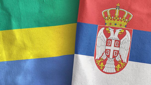 Serbia ja Gabon kaksi lippua tekstiilikangas 3D renderöinti - Valokuva, kuva