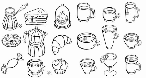  Té, café, iconos de pastelería. línea de símbolo establecido. icono - Vector, Imagen