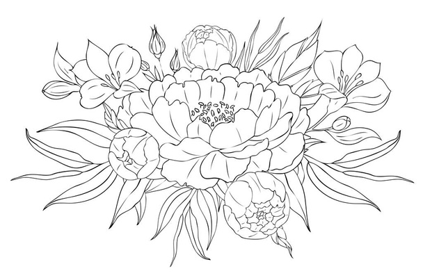 Peony flowers and leaves, tattoo compositions. Black linear illustration isolated on a white background. - ベクター画像