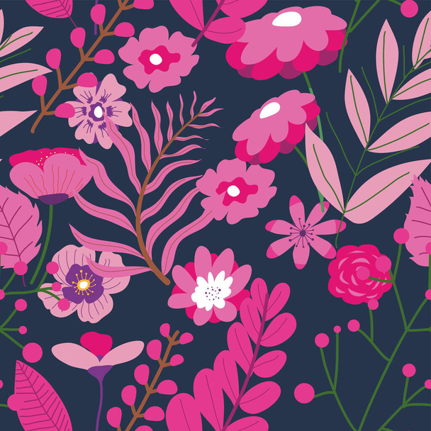 Branches with lush leaves and flourishing flowers. Blooming plant, exotic or tropical botany. Natural romantic floral background or print. Seasonal blossom. Seamless pattern, vector in flat style - Vektor, kép