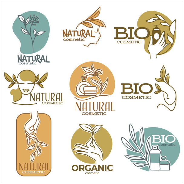 Bio and natural organic products for skin care and hair treatment and repair. Isolated labels with female portrait, tubes with creams and lotions and decorative floral branches. Vector in flat style - ベクター画像