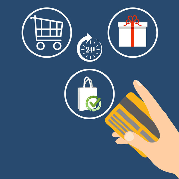 Online-Shopping mit Kreditkarte. Geschenke kaufen Icon Vektor Illustration Design isoliert - Vektor, Bild