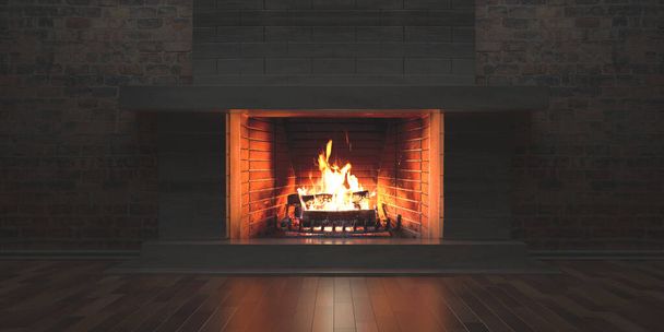 Płonący kominek, ciemne biuro lub pokój dzienny, przytulne wnętrze domu na Boże Narodzenie, drewniana podłoga i ceglane tło ściany. Ilustracja 3D - Zdjęcie, obraz