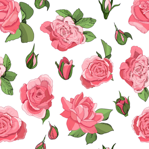 Flowers seamless pattern isolated on white background. Vector hand drawn illustration of roses. For textiles, wallpaper, fabric, gift boxes, greeting card and invitations - Vetor, Imagem