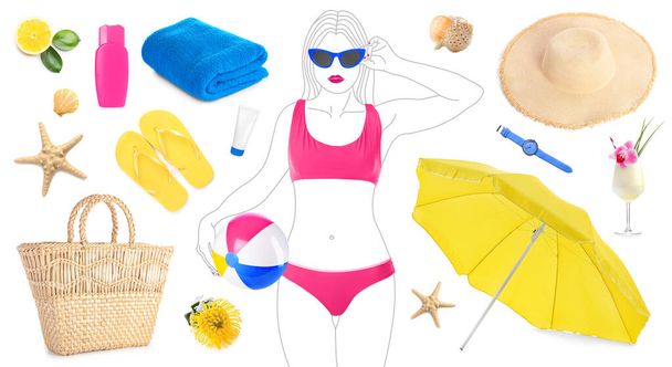 Collage of female beach accessories on white background - Photo, Image