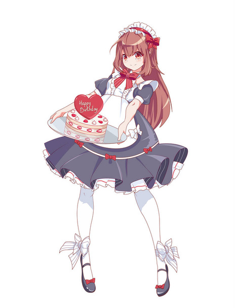 Anime manga girl dressed as a maid. A waitress with a tray holds a birthday cake. Vector illustration - Vektor, Bild