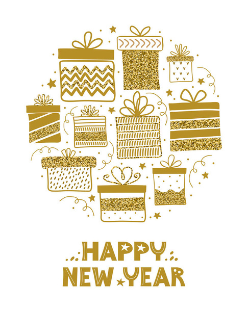 Happy new year vertical card or banner with a greeting text. Gold gift boxes with glitter on white background. Vector illustration of festive Doodle elements. Luxury presents. Shiny holiday gold icons - Vetor, Imagem