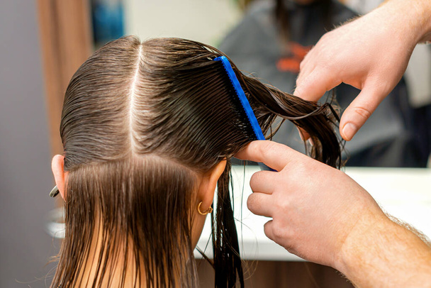 Χέρια κομμωτή χτενίζουν τα μαλλιά μιας νεαρής γυναίκας χωρίζονται σε τμήματα στο κουρείο - Φωτογραφία, εικόνα