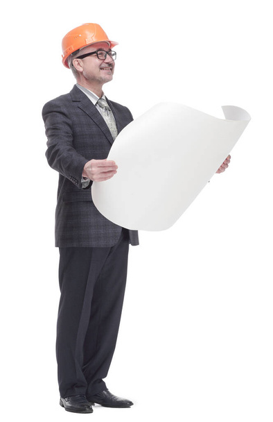 qualified architect holds a new drawing. isolated on a white - Foto, afbeelding