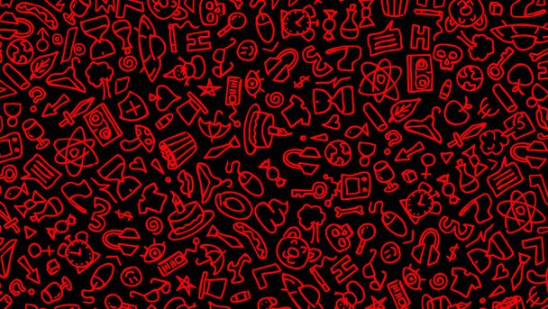 Red cartoon hand drawn hippie doodles seamless pattern. Line art detailed, with lots of objects black background. black on white background. 2d illustration isolated background HD. - Photo, image