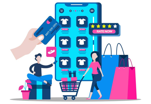Young woman engaged in shopping and checkout her purchases, big smartphone in the background. Tiny people illustration - Vector, Image