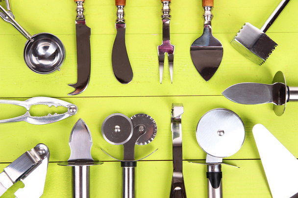 Metal kitchen utensils on table close-up - Fotoğraf, Görsel