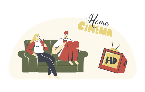 Young Loving Couple Watching TV with Soda at Home. Male and Female Characters Sitting on Couch Together on Weekend - Vector, Image