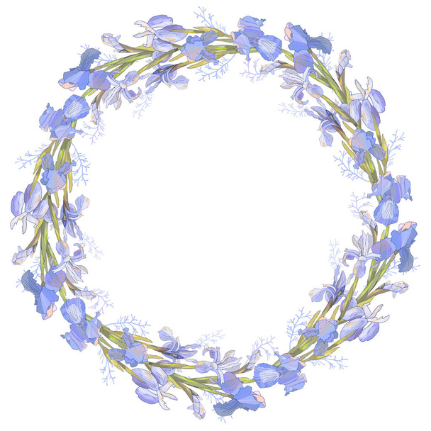 Romantic wreath with irises. Vector hand drawn illustration for design gift boxes, announcements, postcards, posters, invitations, visit card. - ベクター画像