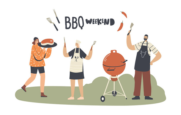 Personajes Cocinar, Comer Embutidos y Carne en la Barbacoa Pasar tiempo al aire libre. Recreación de fin de semana Bbq - Vector, imagen