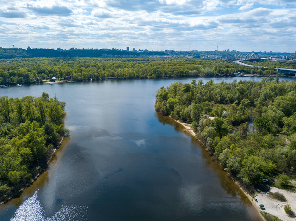 Aerial drone view. Dnieper river in Kiev on a sunny day. - Photo, Image
