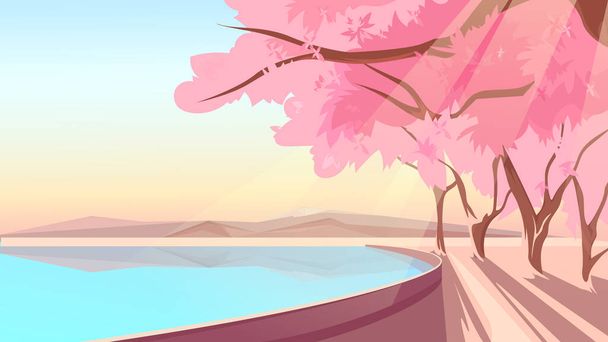 Sakura in fiore sulla riva del lago. - Vettoriali, immagini