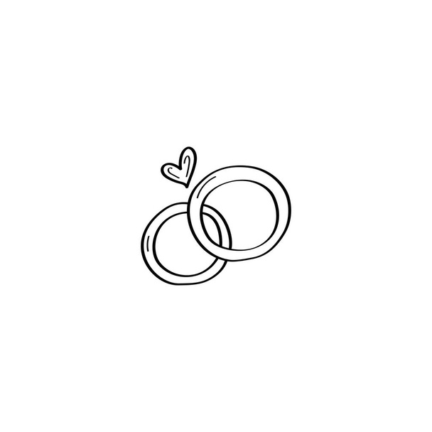 Un par de anillos de boda hechos a mano. Anillos de boda Ilustración Doodle. Elemento de diseño vectorial para tarjetas de felicitación, invitaciones de boda y San Valentín. Esquema negro aislado sobre fondo blanco - Vector, imagen