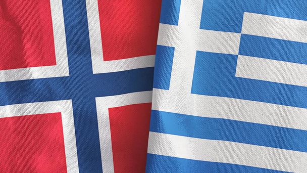 Görögország és Norvégia két zászlós textilszövet 3D-s renderelés - Fotó, kép