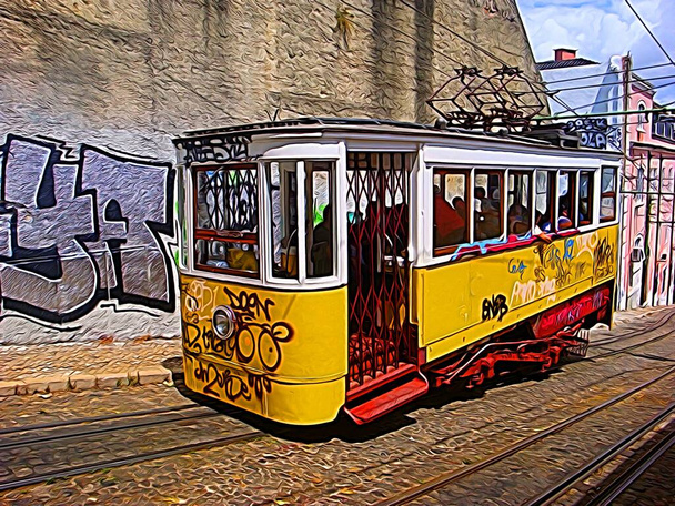 Dipinto digitale a colori di un antico tram che attraversa il centro storico di Lisbona - Foto, immagini