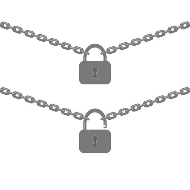 Αλυσίδα και κλειστή ανοιγμένη κλειδαριά απομονωμένη σε λευκό φόντο - Διάνυσμα, εικόνα