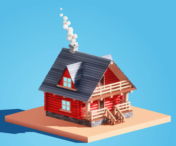 Realista 3D casa de registro de vectores, cabaña de madera o casa de campo. Casa de madera de dos pisos con porche, terraza y balcón - Vector, Imagen