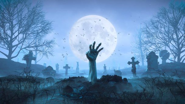 3d render Zombie mano se arrastra fuera de la tierra por la noche contra el fondo de la luna en el cementerio - Foto, imagen