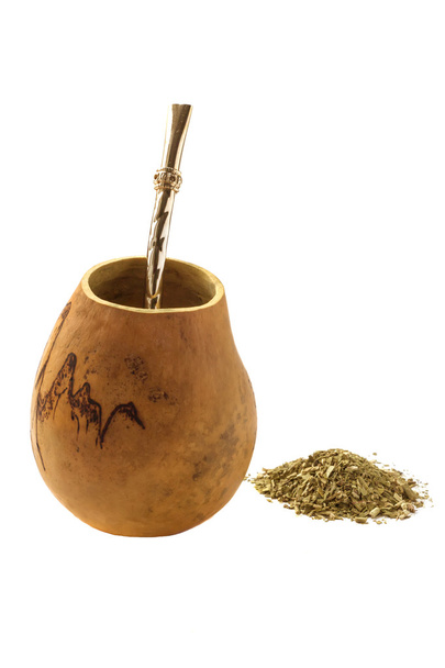Mate chá e calabash com bombilla isolado no fundo branco
 - Foto, Imagem
