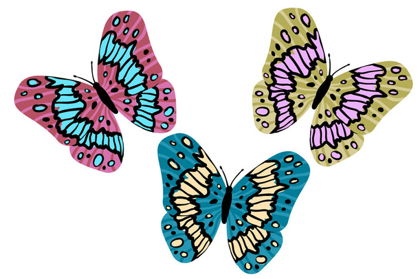 Värikkäitä perhosia tasainen moderni tyyli. Käsin piirretty vektorikuva. Eristetty valkoisella taustalla. Liitintaide - Vektori, kuva