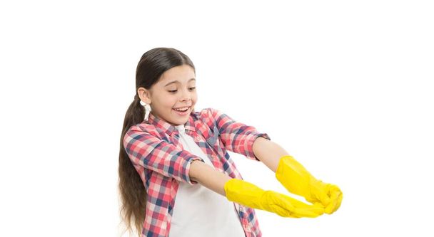 housewife lifestyle. time for washing. Cleaning supplies advertisement. small girl cleaning in rubber gloves. kid clean house in latex gloves. Yellow gloves for cleaning the house. housework concept - Zdjęcie, obraz